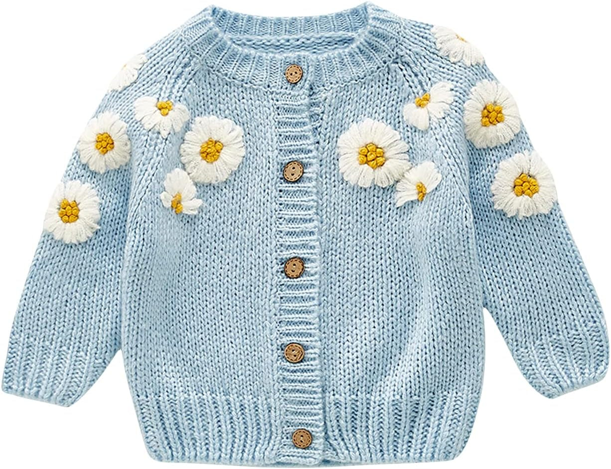 Newborn Baby Girls Knit Cardigan Sweater, Infant Button-Down Cotton Sweater,Daisy Print Baby Clothes